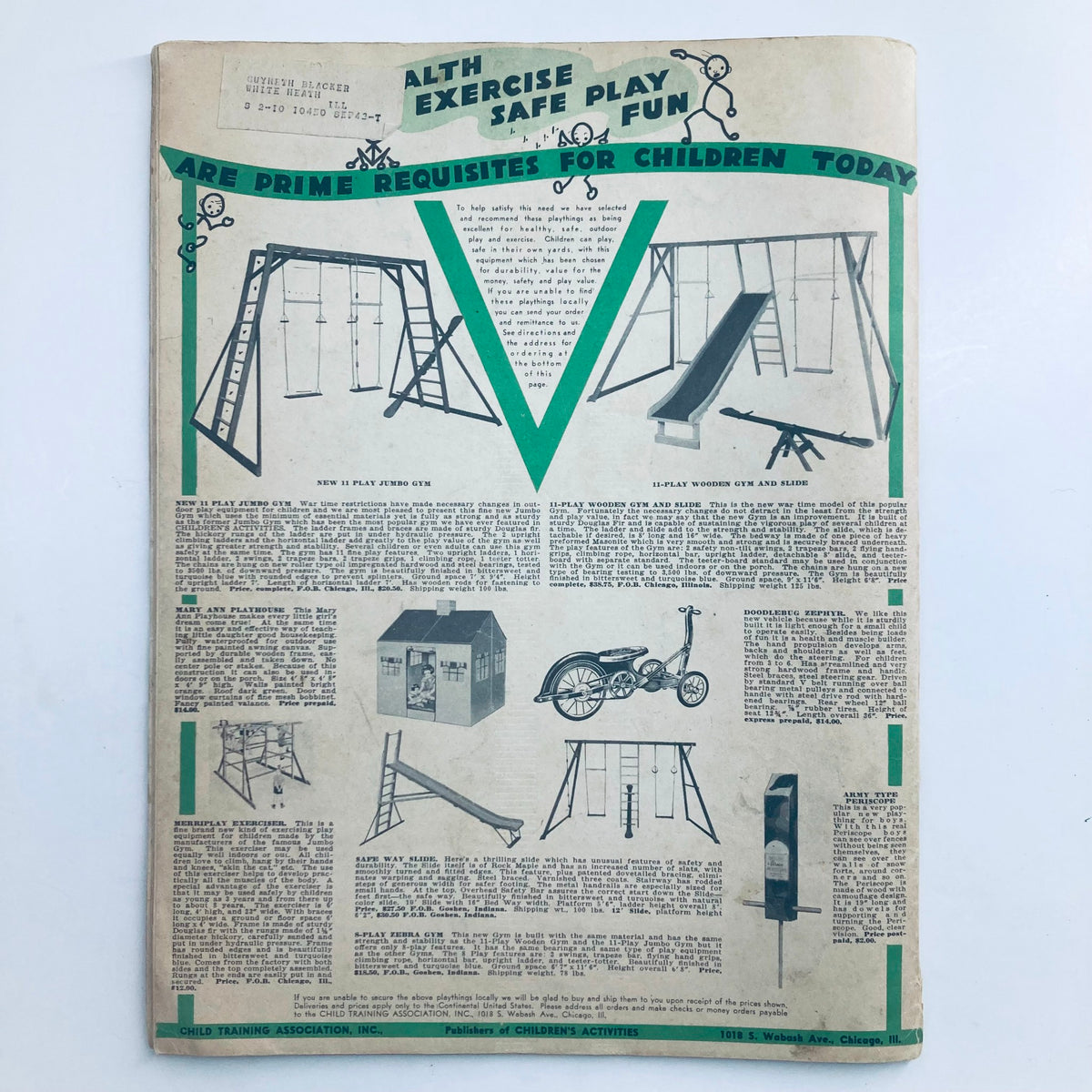 Cover page from 'Children's Activities for Home and School March 1943 Fish Pond Game' displaying various playground equipment, including swings and slides, promoting safe play for children in a nostalgic layout.