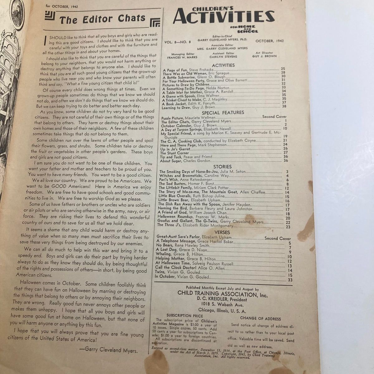 Interior page of Children's Activities for Home and School October 1942 showcasing an editorial section discussing children's roles in citizenship.