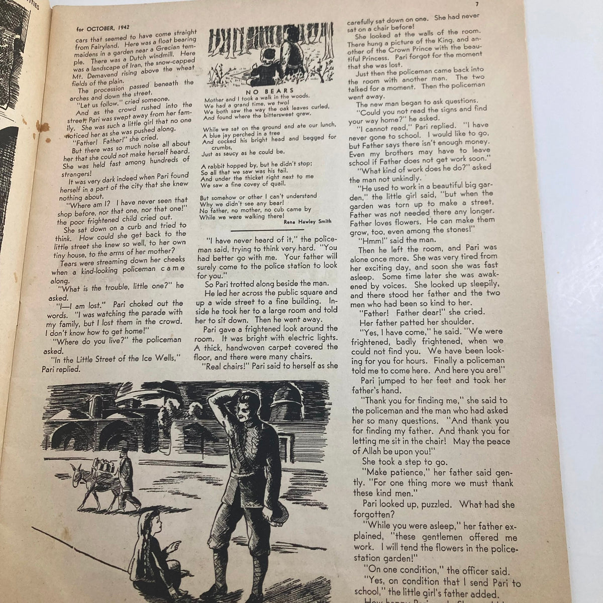 Interior page of Children's Activities for Home and School October 1942 featuring a story titled 'No Bears' with accompanying illustrations.