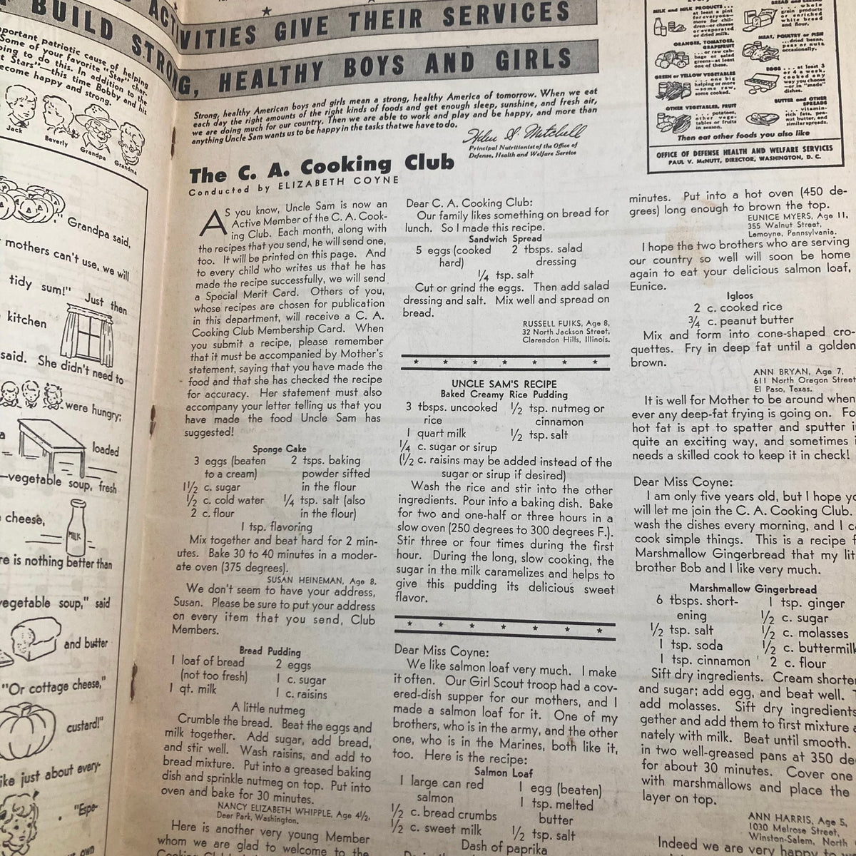 Children's Activities for Home and School October 1942 page featuring recipes and activities from the C.A. Cooking Club, including cooking tips and children's engagement in food preparation.