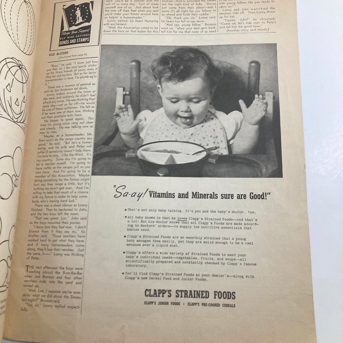 Children's Activities for Home and School October 1942 page showcasing a vintage advertisement for Clapp's Strained Foods, depicting a happy child enjoying nutritious food.