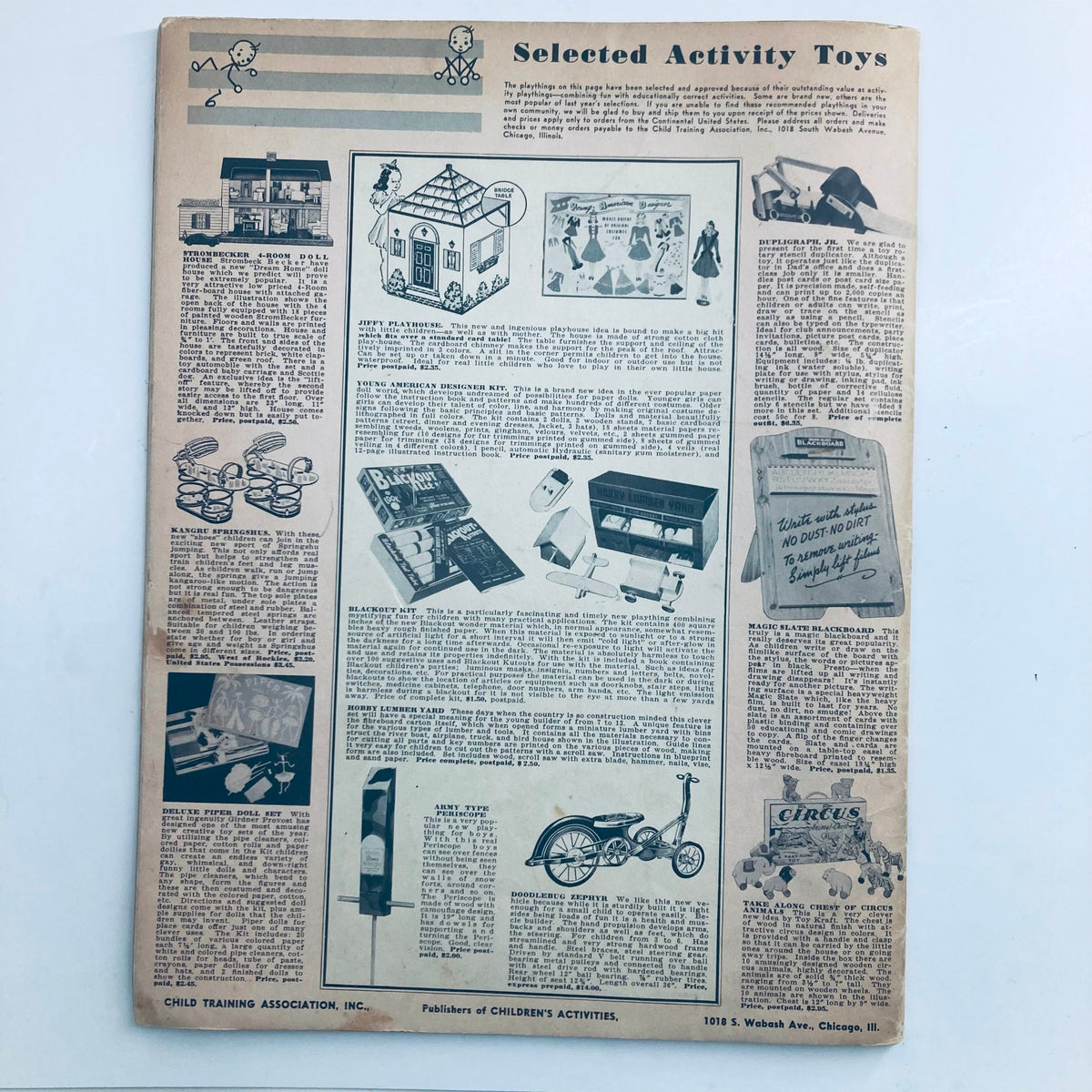 Children's Activities for Home and School October 1942 page displaying a selection of activity toys for children, illustrating various creative play items and educational supplies.