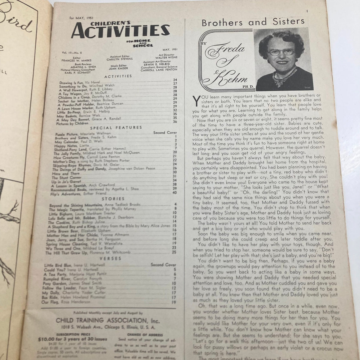 An article page from Children's Activities for Home and School, May 1951, detailing the theme 'Brothers and Sisters' with an accompanying photograph of the author, Freda S. Koehn.