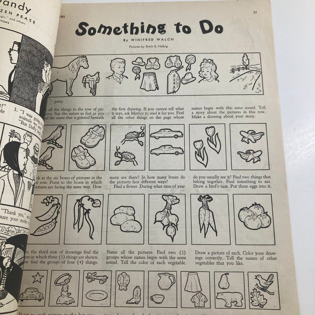 A page from Children's Activities for Home and School, May 1951, titled 'Something to Do', displaying engaging activities for children with illustrations.