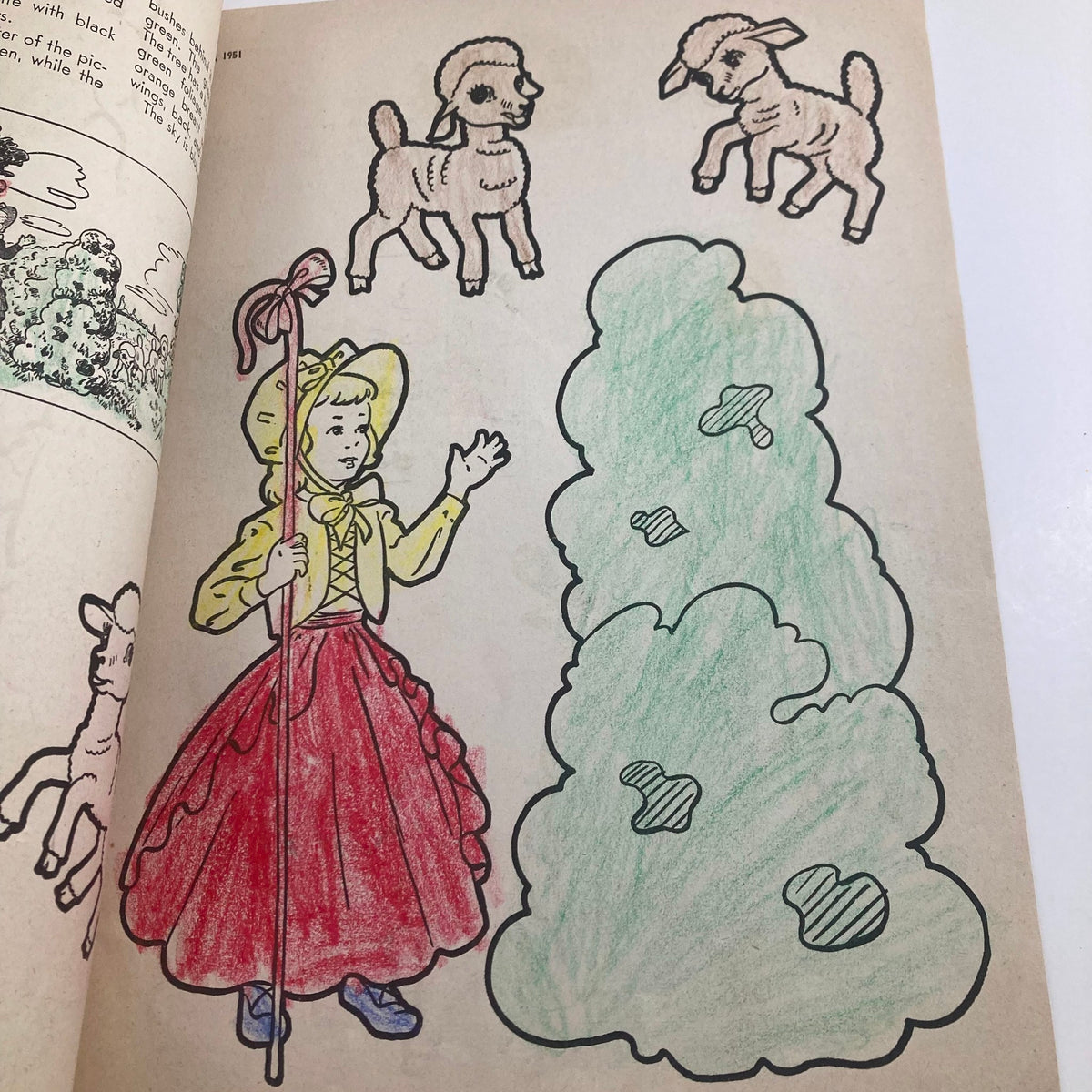 Hand-drawn illustration from Children's Activities for Home and School, May 1951, featuring a girl in a May Day bonnet with sheep and trees.