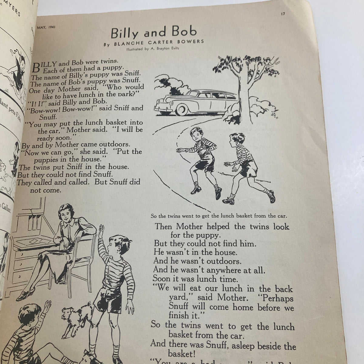 Page from Children's Activities for Home and School May 1941 illustrating the story of Billy and Bob, two twins, engaging in play with their puppies.