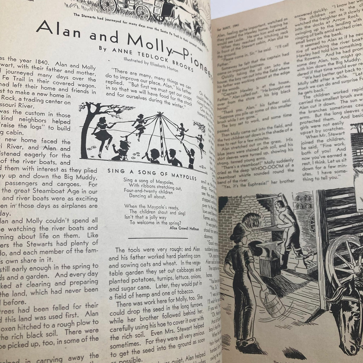 Another page from Children's Activities for Home and School May 1941 detailing the adventures of Alan and Molly pioneers, accompanied by engaging illustrations.