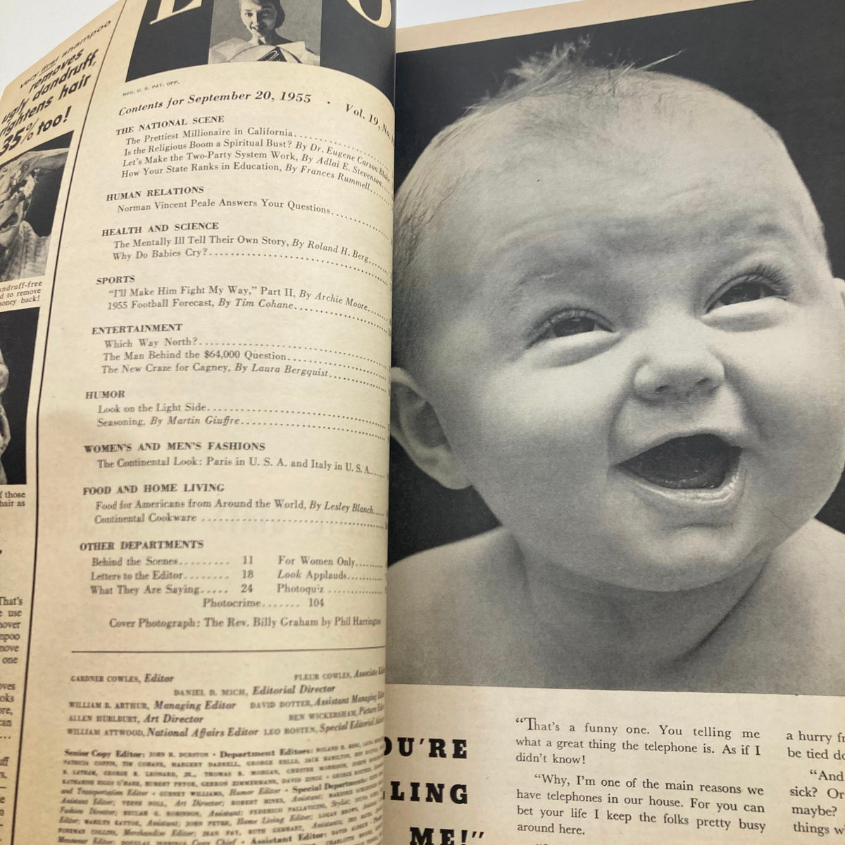 Interior page of VTG Look Magazine September 20, 1955 displaying the contents section, featuring articles on various topics including the religious boom and baby humor, along with a black-and-white photograph of a smiling baby.