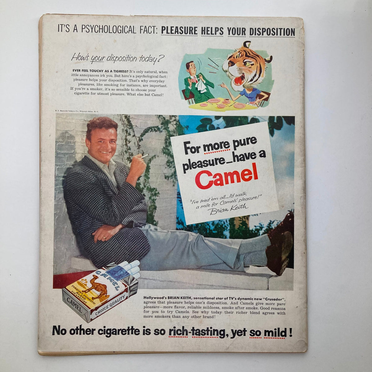 Back cover of VTG Look Magazine September 20, 1955 featuring an advertisement for Camel cigarettes with a cheerful man and a tiger illustration, emphasizing the slogan about pleasure.
