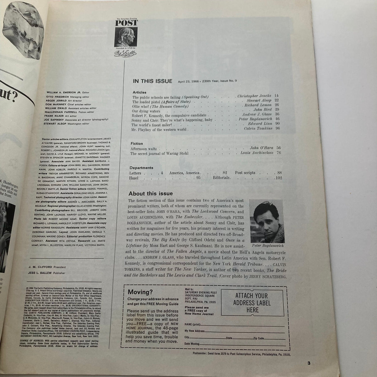 Inside page of The Saturday Evening Post Magazine, April 23, 1966, showcasing articles and content about significant events and figures from that era, including Bobby Kennedy.