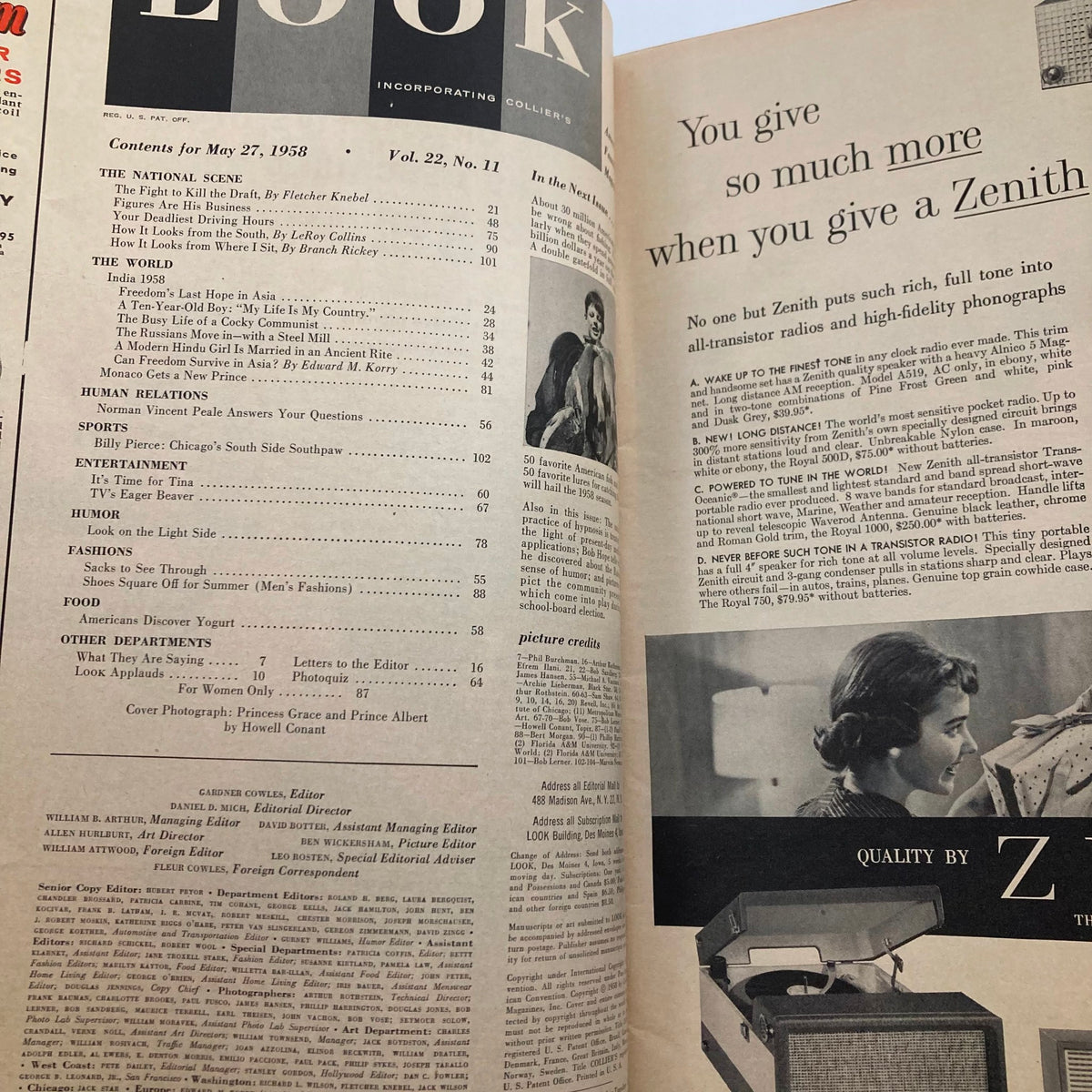 Contents page of VTG Look Magazine May 27, 1958, Volume 22, No. 11, listing articles and features including royalty and culture.