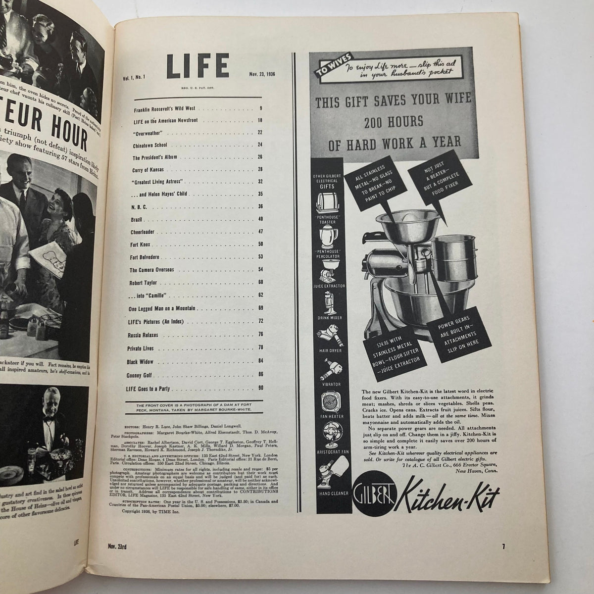 Interior page of VTG Life Magazine November 23, 1936 showcasing the table of contents and advertisements, part of the 1st issue of LIFE.