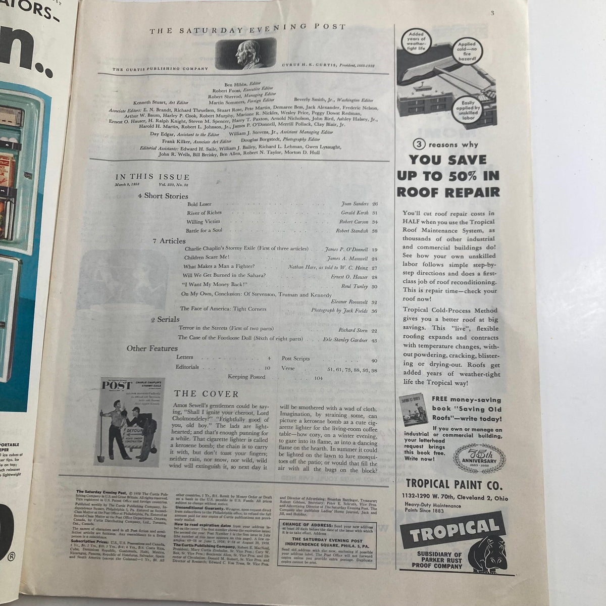 Table of contents from The Saturday Evening Post Magazine dated March 8, 1958, outlining articles including 'Charlie Chaplin's Stormy Exile'.