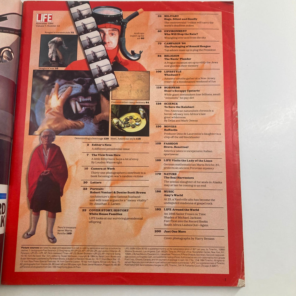 Inside page of VTG Life Magazine November 1984, displaying a list of articles with images related to military, lifestyle, and famous personalities, including coverage of the Kennedy family.