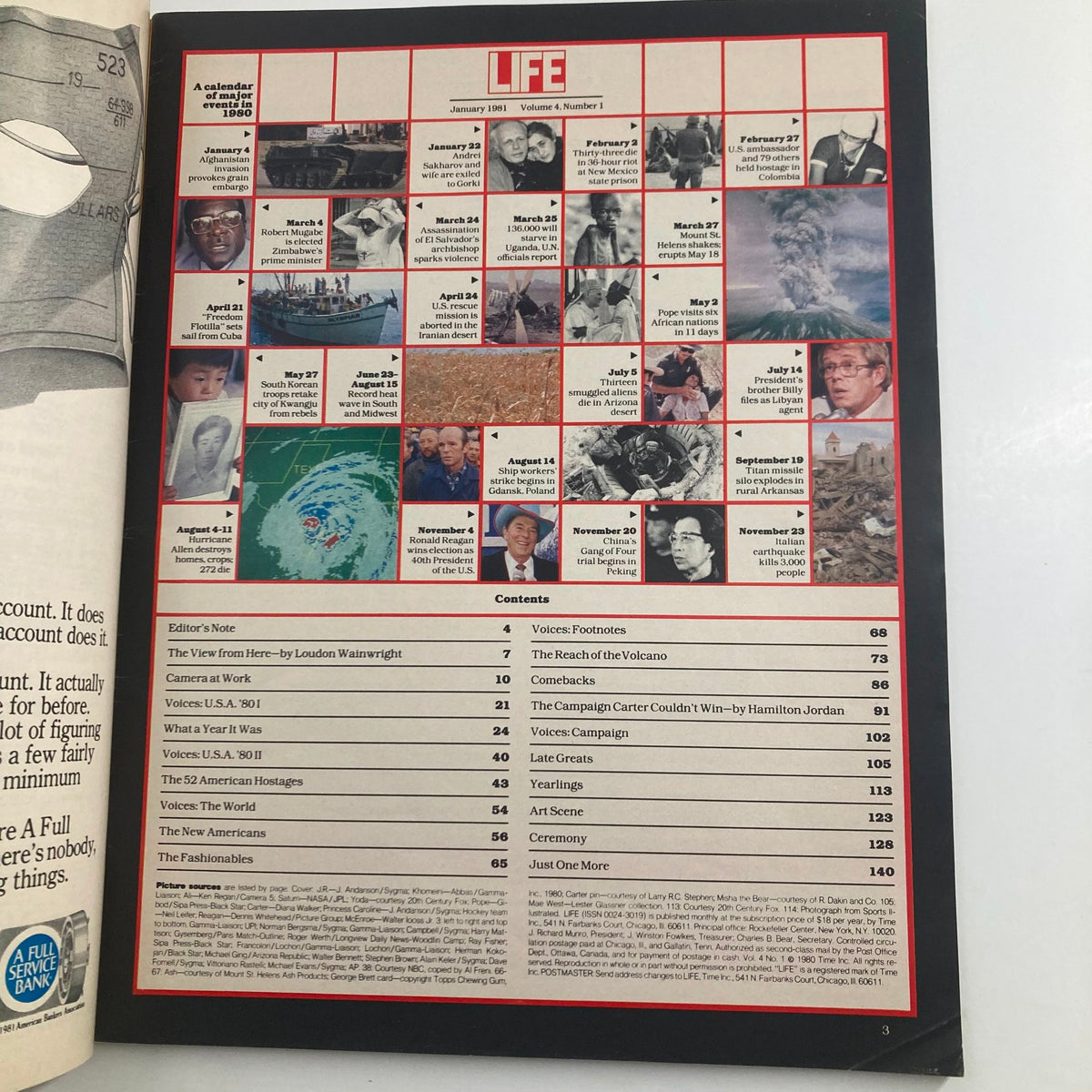 Table of contents from VTG Life Magazine January 1981, detailing significant events of 1980, including notable dates and features featured in the magazine.