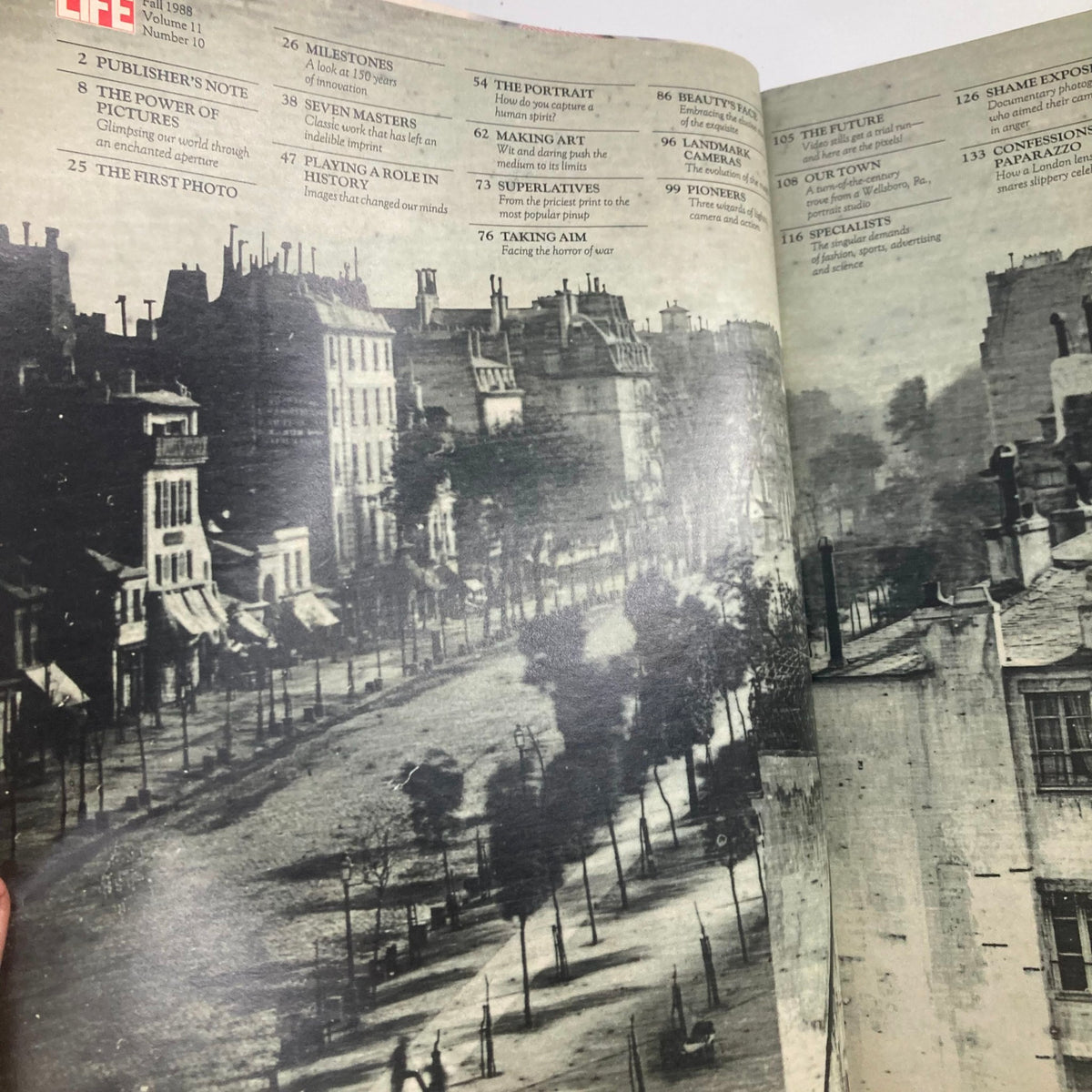Inside spread of VTG Life Magazine Fall 1988 Vol 11 #10 Pictures That Made a Difference, displaying the table of contents with notable sections on photography, including milestones and famous portraits.