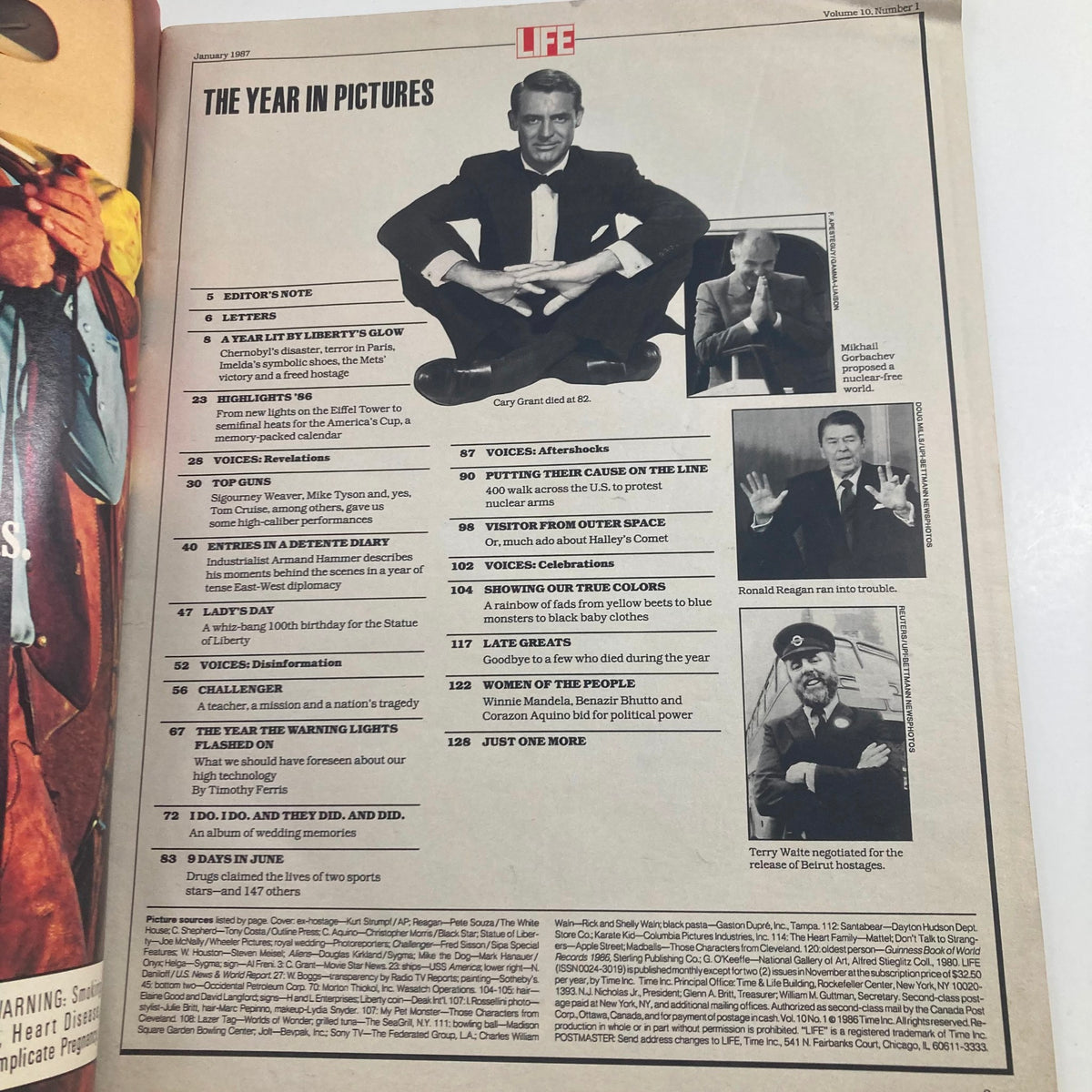 Inside page of VTG Life Magazine January 1987 The Year in Pictures displaying articles and highlights summarizing key events from 1986.