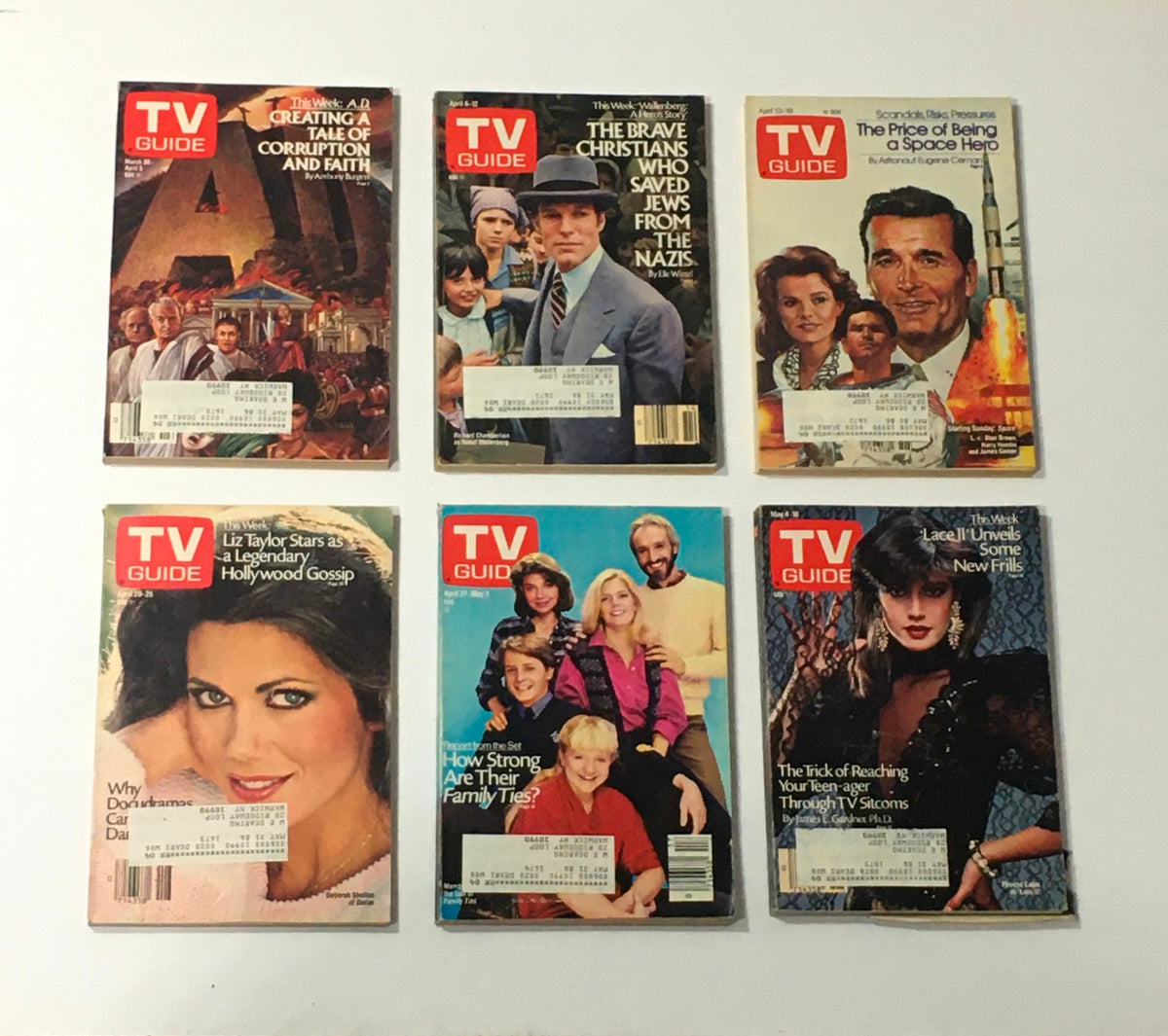Complete Year Of TV Guide Magazines 1985: Issues featuring iconic covers including A.D. and The Brave Christians, showcasing television history.