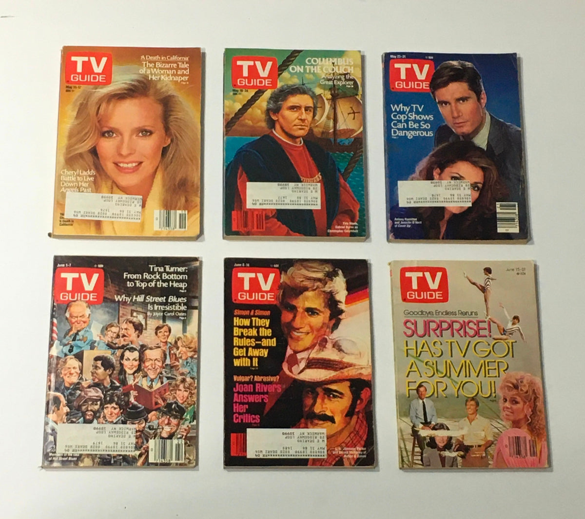 Complete Year Of TV Guide Magazines 1985: Issues highlighting Cheryl Ladd and Tina Turner, offering a glimpse into mid-1980s television culture.