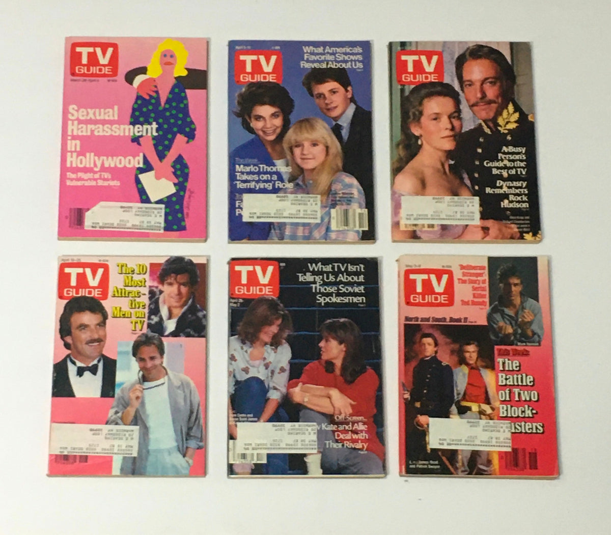 Complete Year Of TV Guide Magazines 1986, 52 Issues: Special Issue Fall Preview showcasing six vintage TV Guide covers focusing on various prominent TV shows and cultural topics, including sexual harassment and popular actors.