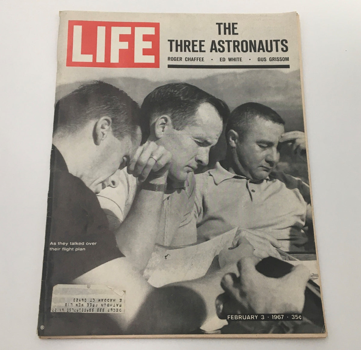 Cover of VTG Life Magazine from February 3, 1967 featuring astronauts Roger Chaffee, Ed White, and Gus Grissom discussing their flight plan.