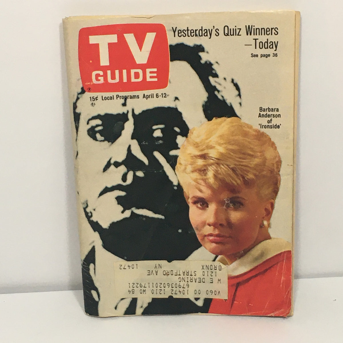 Cover of TV Guide April 6-12 1968 featuring Barbara Anderson of Ironside. The magazine highlights local TV programs and includes the title in bold red letters. The image captures the nostalgic essence of vintage television culture.