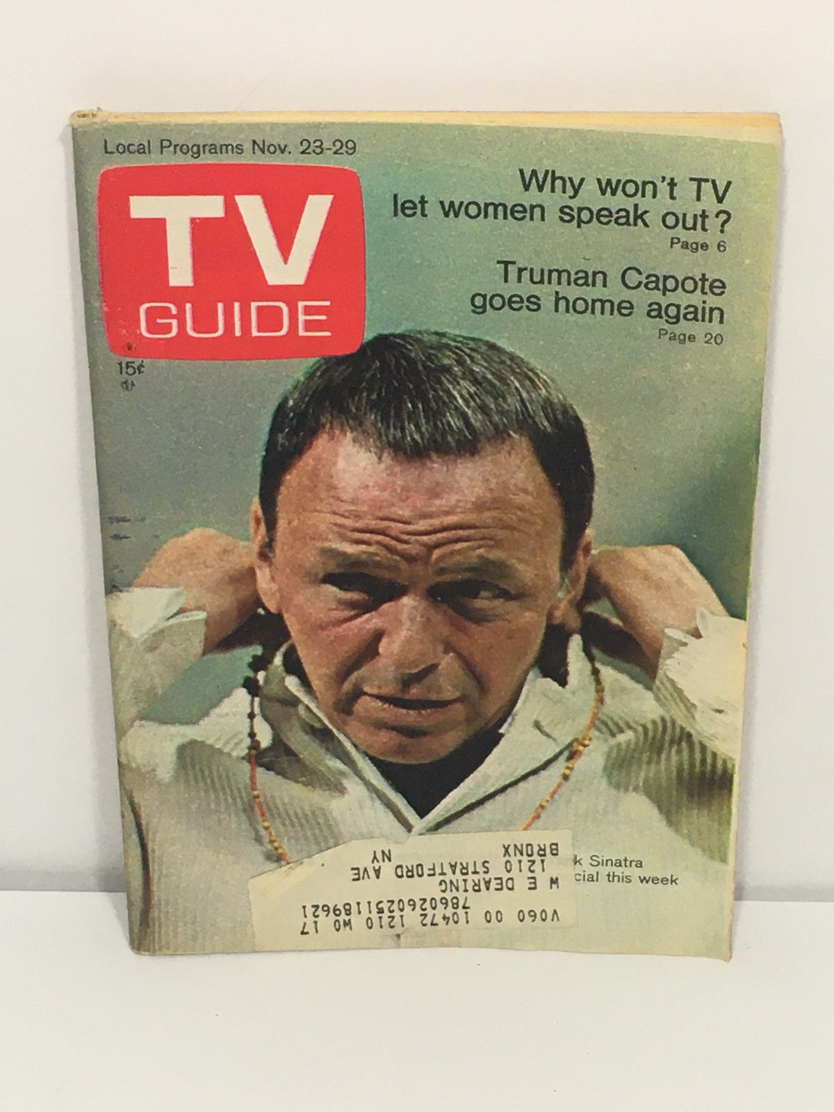 Cover of TV Guide Magazine dated November 23-29, 1968 featuring Frank Sinatra, highlighting key articles including 'Why won't TV let women speak out?' and 'Truman Capote goes home again.' A vintage collectible showcasing entertainment history.