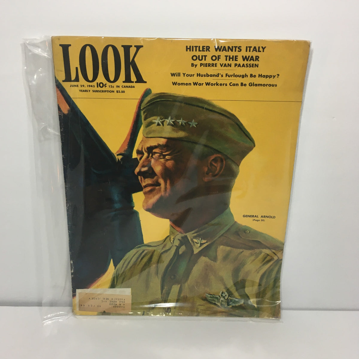Cover of Look Magazine June 29, 1943 featuring artwork of General Arnold, showcasing bold colors and military imagery.