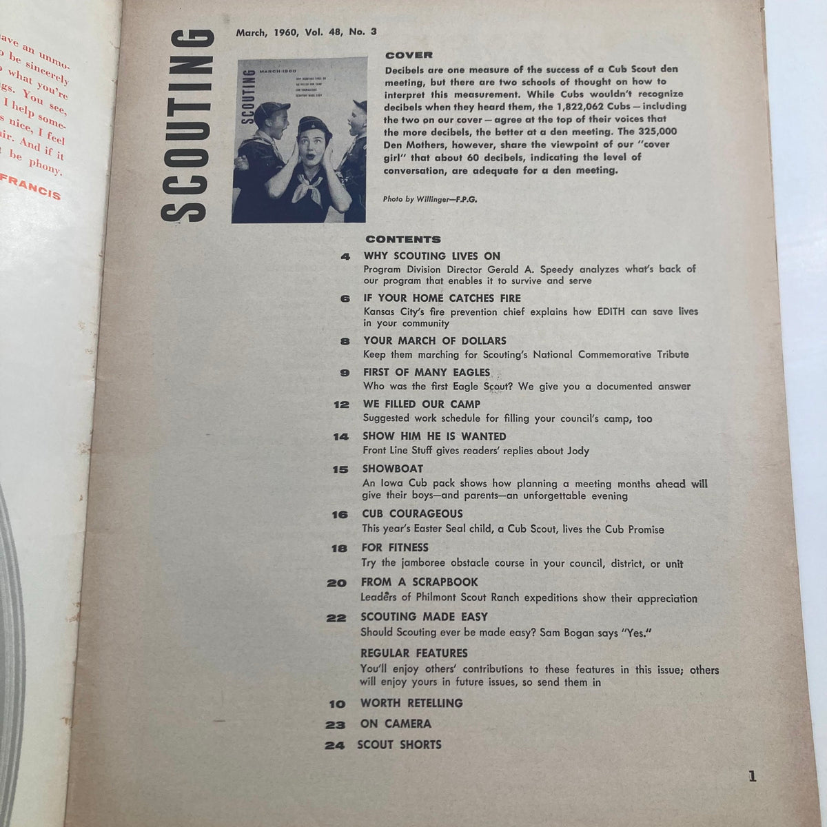 Inside page of VTG Scouting Magazine March 1960, Volume 48, Number 3, displaying Table of Contents and articles related to Cub Scouts and scouting culture.