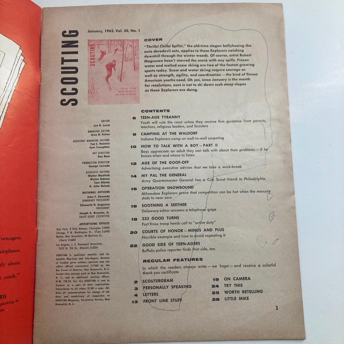 Table of contents page from VTG Scouting Magazine January 1962, Volume 50, Number 1, showcasing various articles including 'Teen-Age Tyranny' and 'Camping at the Waldorf'.