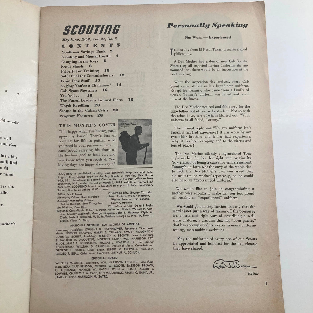 Interior page of VTG Scouting Magazine May 1959 Vol 47 No. 5 showcasing the table of contents and an article titled 'Personally Speaking'.