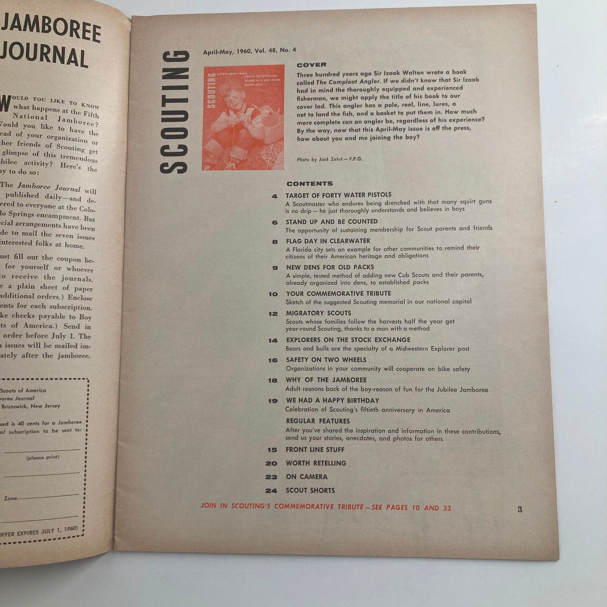 VTG Scouting Magazine April 1960 Vol 48 No. 4 featuring the cover and contents overview, showcasing the article 'Target of Forty Water Pistols' and other scouting activities.