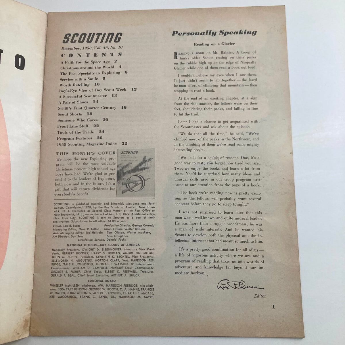 Interior page of the VTG Scouting Magazine, December 1958, detailing contents including articles on scouting and exploration.