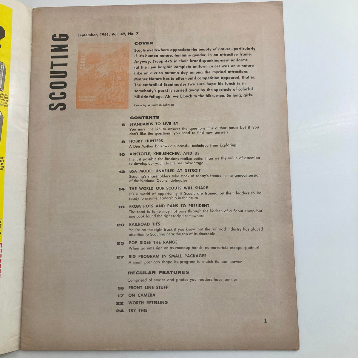 Interior page of VTG Scouting Magazine September 1961 Vol 49 No. 7 displaying the table of contents with article titles related to scouting activities and values.