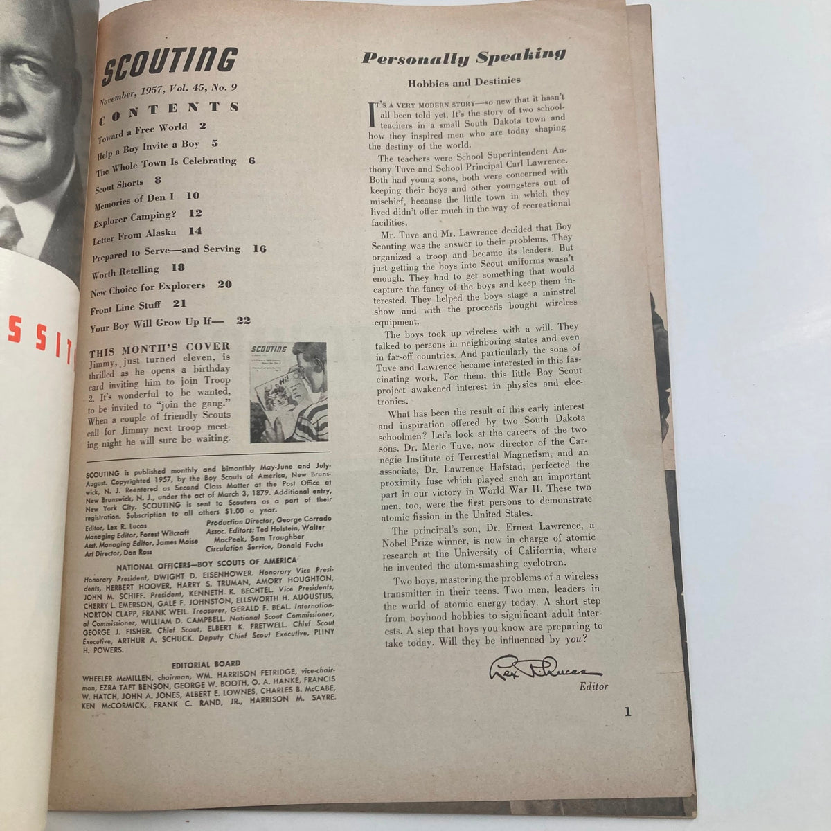 VTG Scouting Magazine November 1957, Volume 45 No. 9, showcasing the contents page with articles on hobbies and scouting activities.