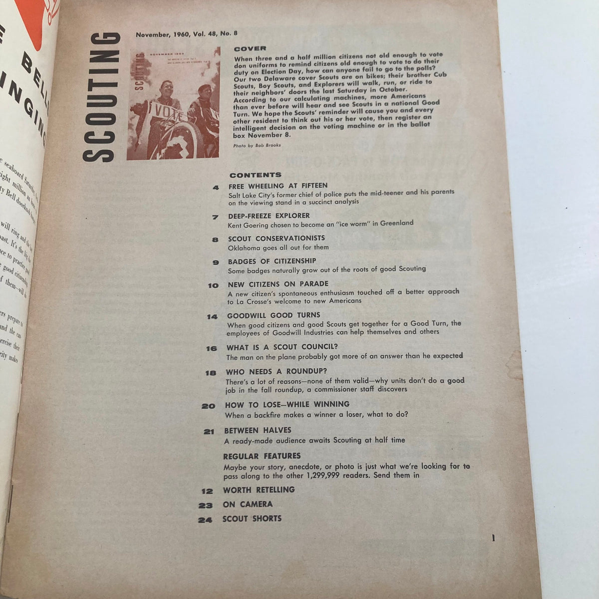 Another interior page of VTG Scouting Magazine November 1960 displaying the table of contents, highlighting various articles and themes related to scouting.
