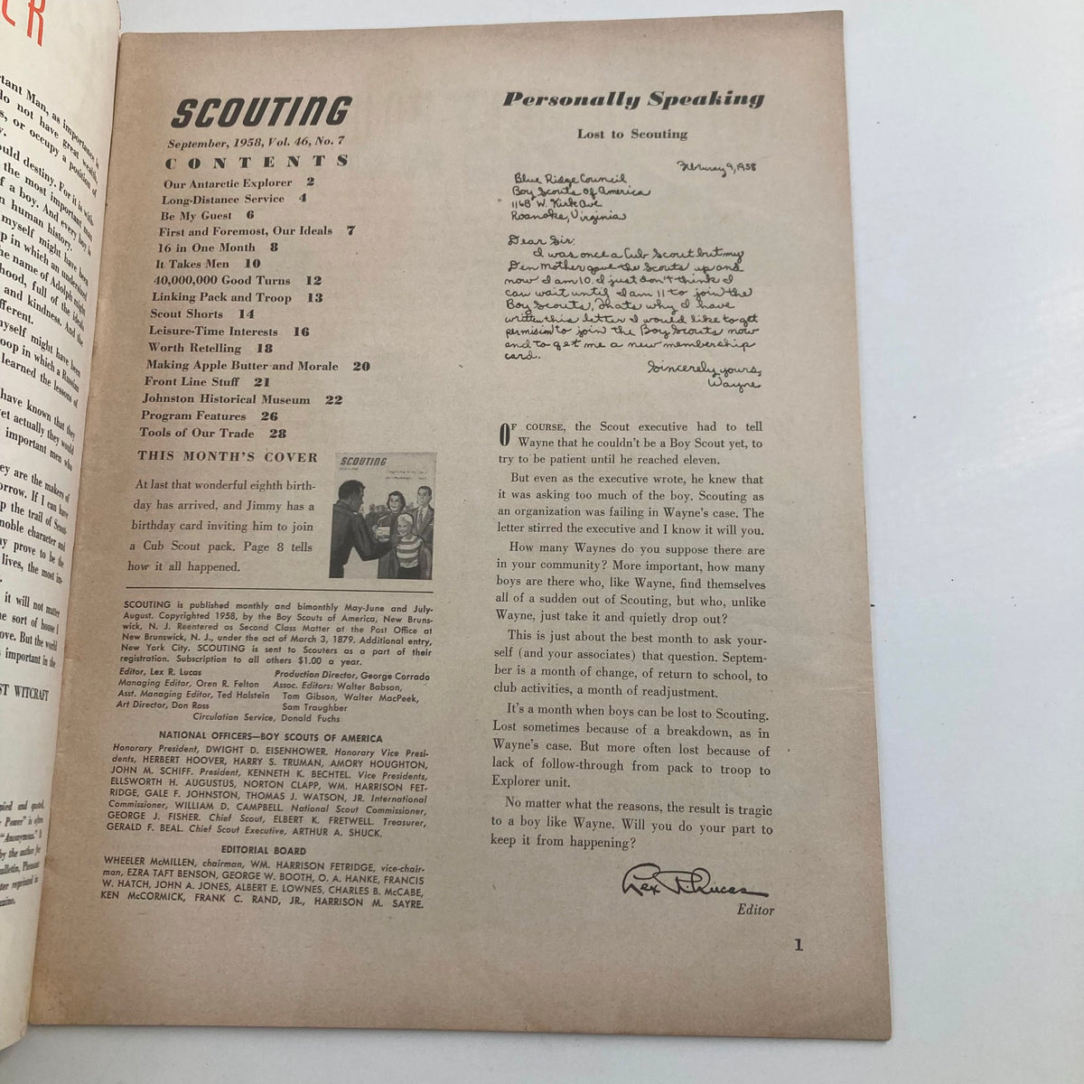 Interior page of VTG Scouting Magazine, September 1958, Vol 46 No. 7 showcasing contents and editor's personal message about scouting.