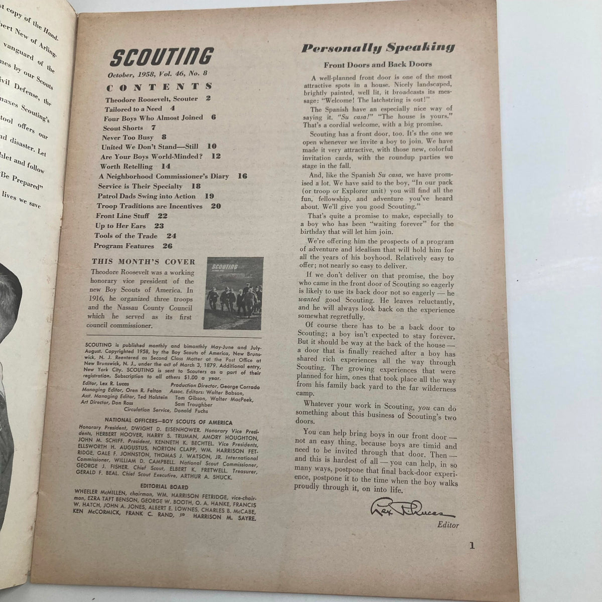 Interior page of VTG Scouting Magazine October 1958, displaying contents and an editorial message related to scouting and Theodore Roosevelt.