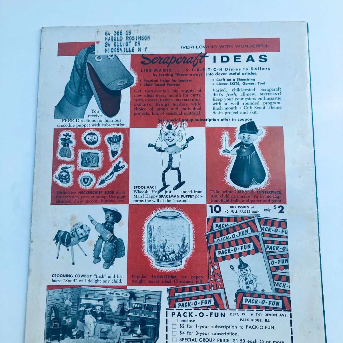Back cover of VTG Scouting Magazine October 1958, showcasing various craft ideas and subscription offers for scouting leaders.