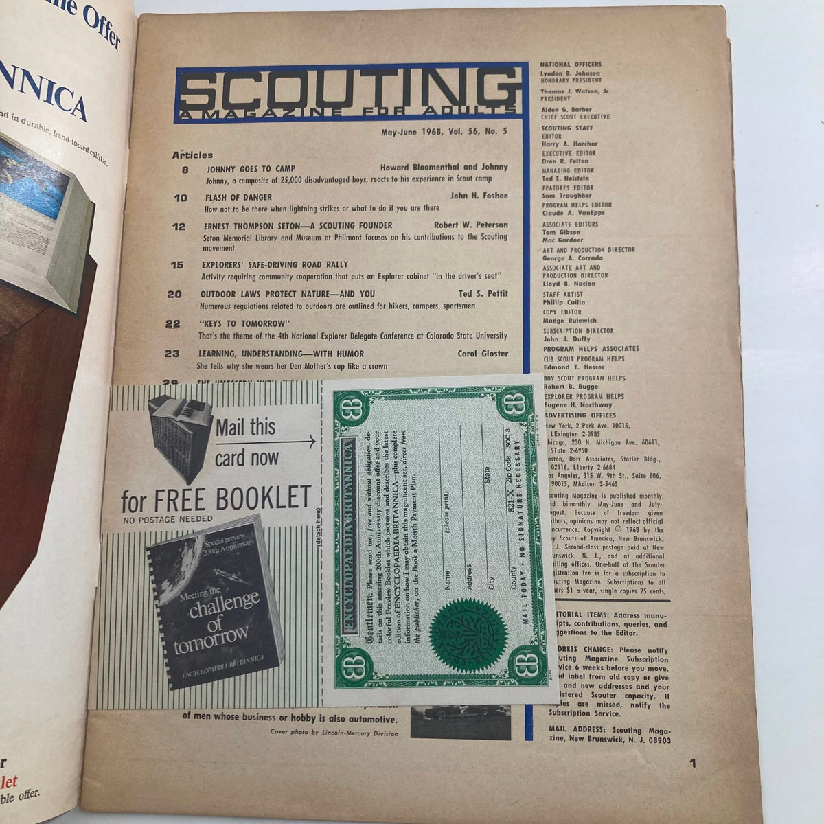 Inside page of VTG Scouting Magazine May 1968, Volume 56, Number 5, showcasing article titles and advertisements related to scouting, including a feature on Ernest Thompson Seton.