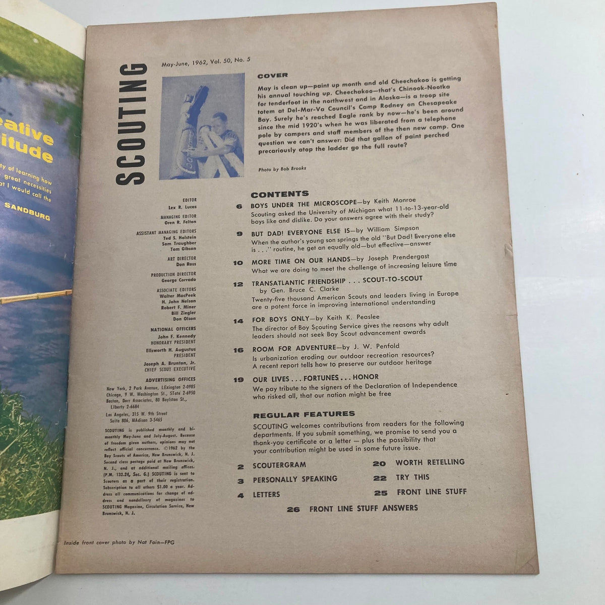 Inside page of VTG Scouting Magazine May 1962, Volume 50, Number 5 showcasing the contents and various articles including 'Boys Under The Microscope.'