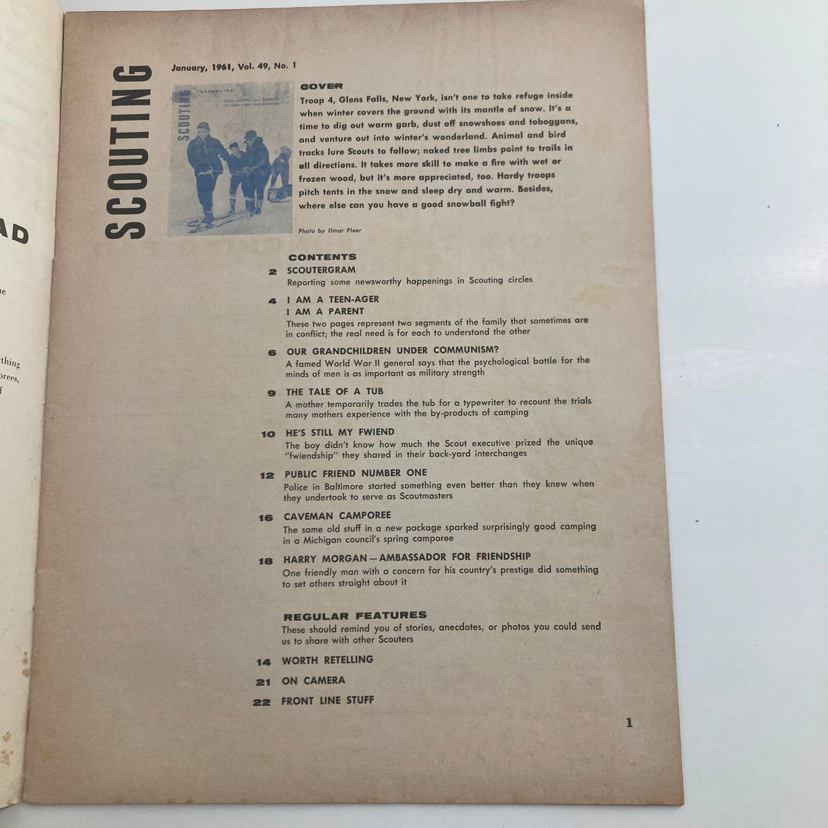 Inside page of VTG Scouting Magazine January 1961, Vol 49 No. 1, showcasing table of contents with various articles related to scouting.