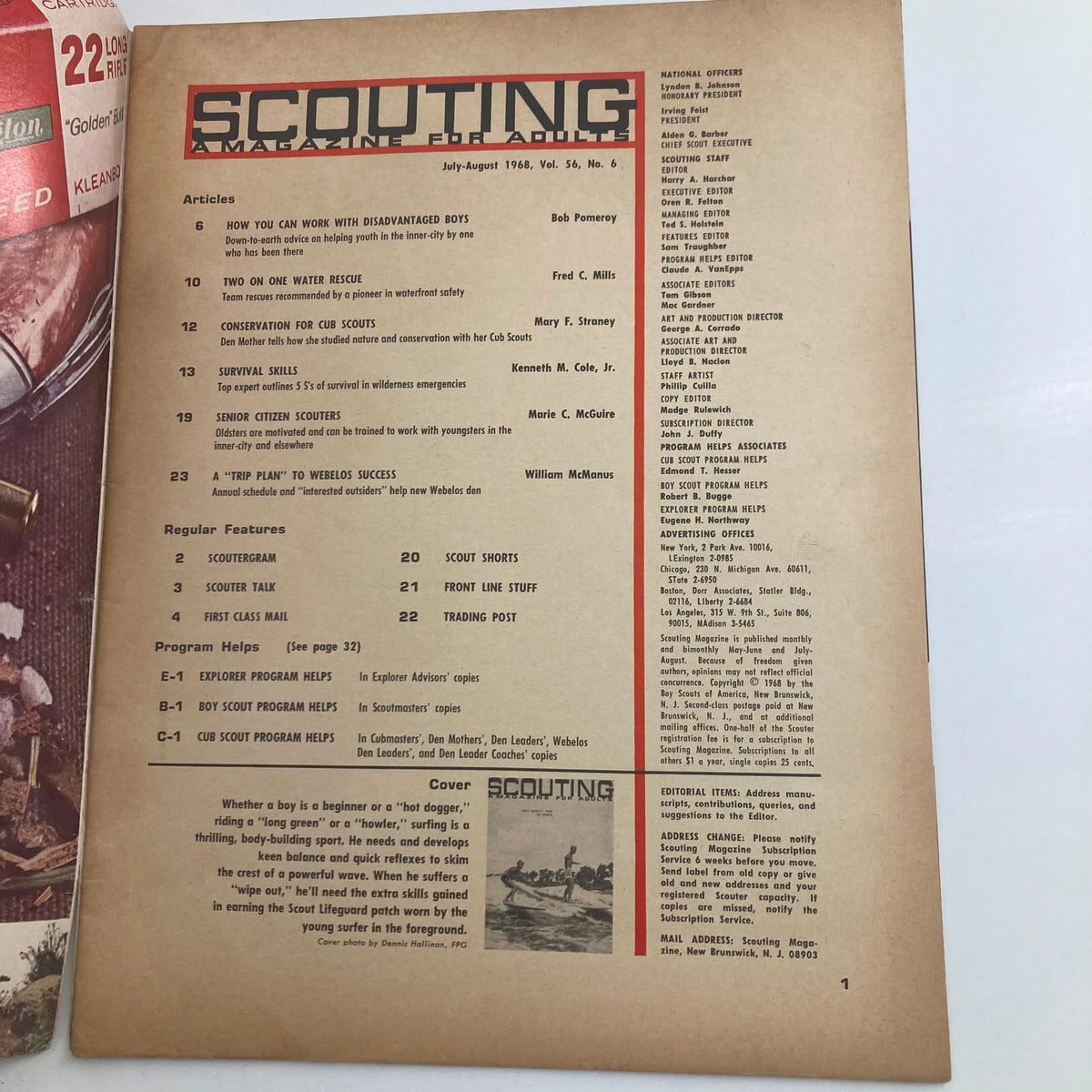 Inside page of VTG Scouting Magazine July 1968 Vol 56 No. 6 showcasing article titles and contents featuring the Scout Lifeguard Patch and various features related to scouting.