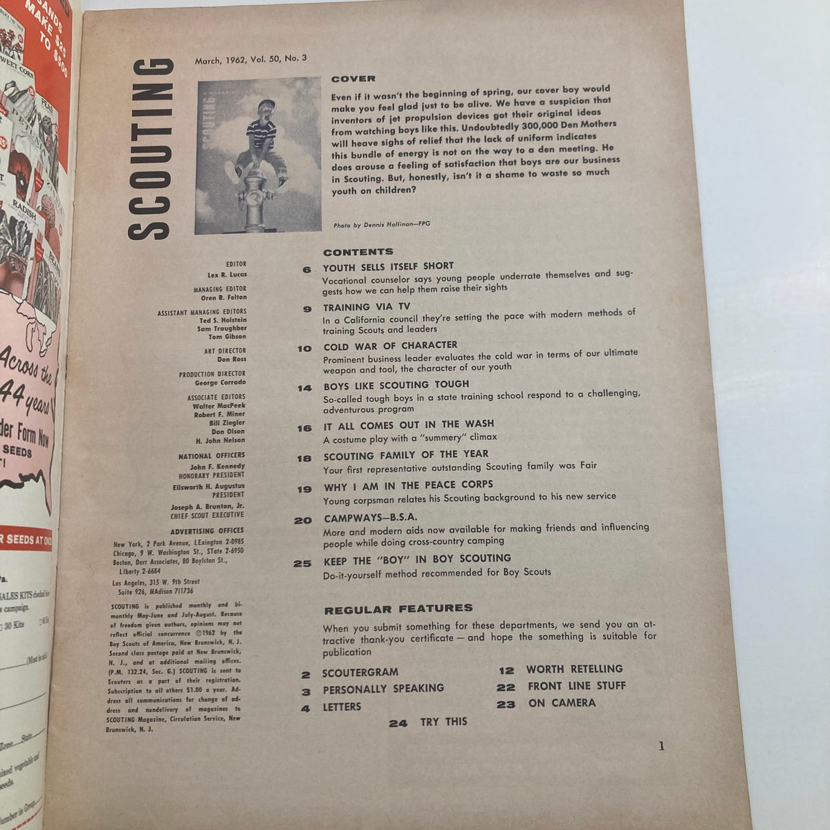 Interior page of VTG Scouting Magazine March 1962 Vol 50 No. 3, showcasing the table of contents, including the article 'Youth Sells Itself Short', highlighting scouting topics and contributor details.