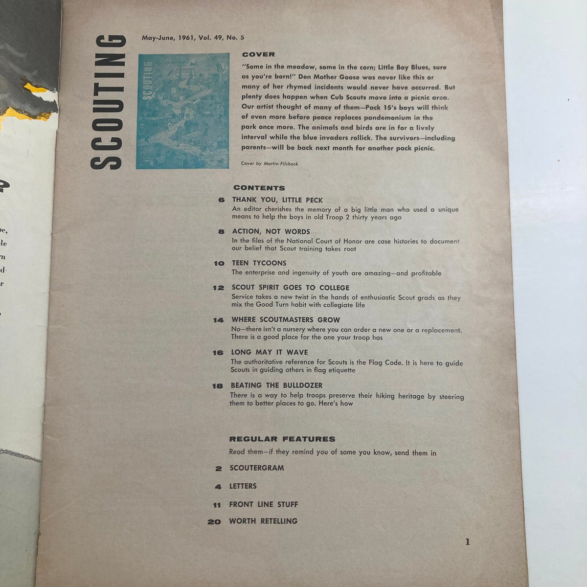 Inside page of the Vintage Scouting Magazine May 1961, Volume 49, No. 5, displaying contents and articles focusing on scouting leadership and community engagement.