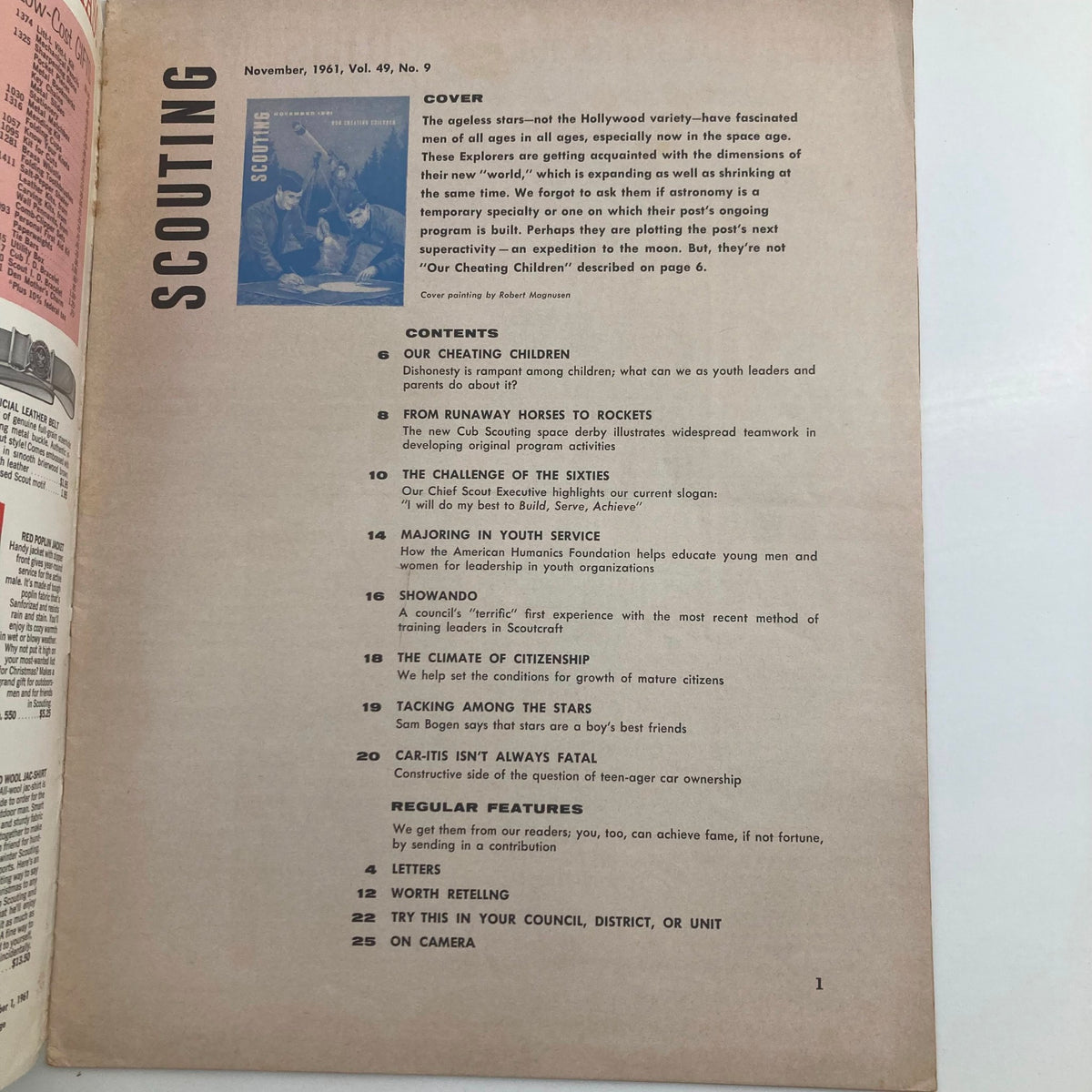 Inside page of VTG Scouting Magazine November 1961 Vol 49 No. 9 displaying the contents section, highlighting articles related to scouting themes and the title 'The Ageless Stars Not Hollywood'.