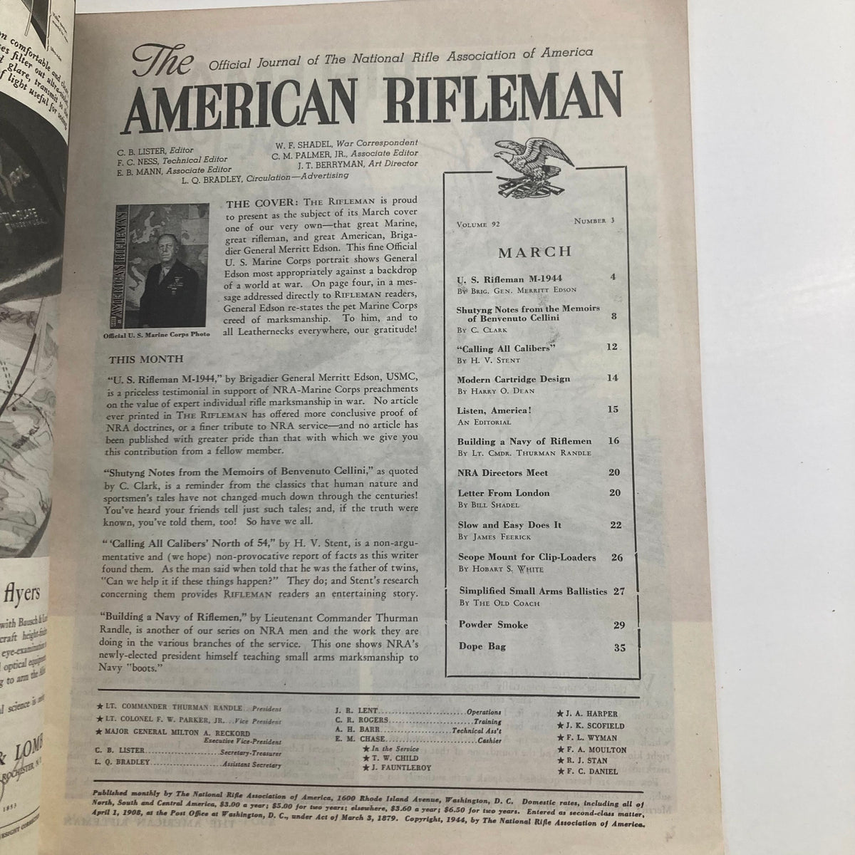 Inside page of VTG American Rifleman Magazine March 1944 displaying contents and editorial details, showcasing articles related to General Merritt Edson and military marksmanship.