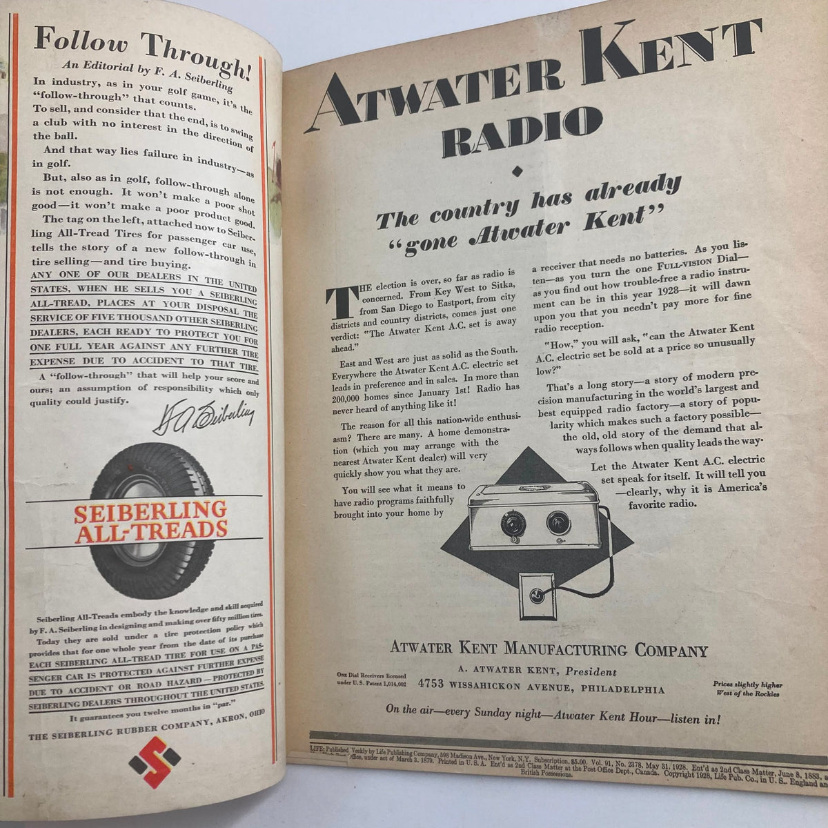 Interior page of the VTG Life Magazine May 31, 1928, displaying an advertisement for Atwater Kent Radio, reflecting the era's marketing style.