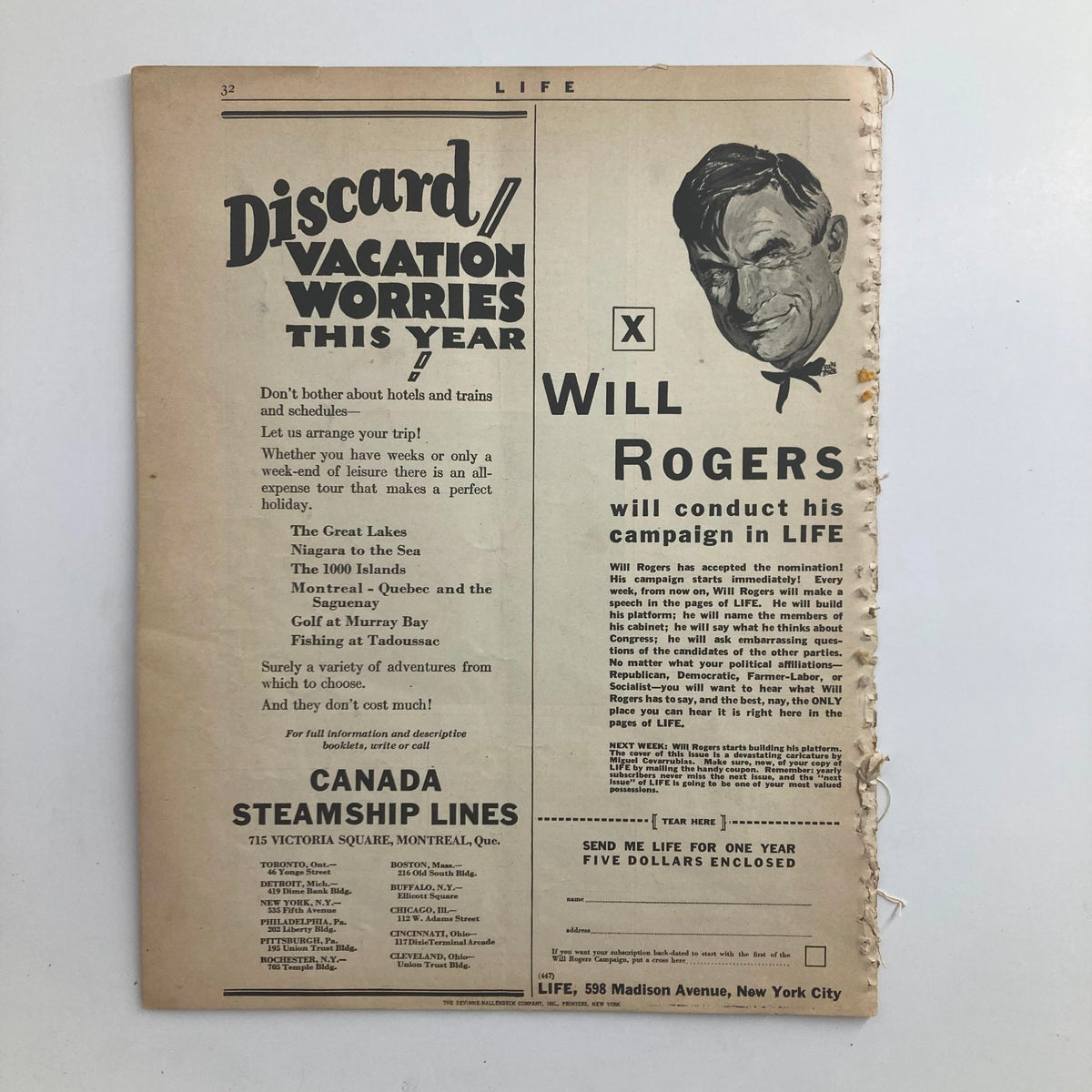 Another interior page of the VTG Life Magazine May 31, 1928, featuring Will Rogers with details on his contribution to the magazine, highlighting its historical significance.
