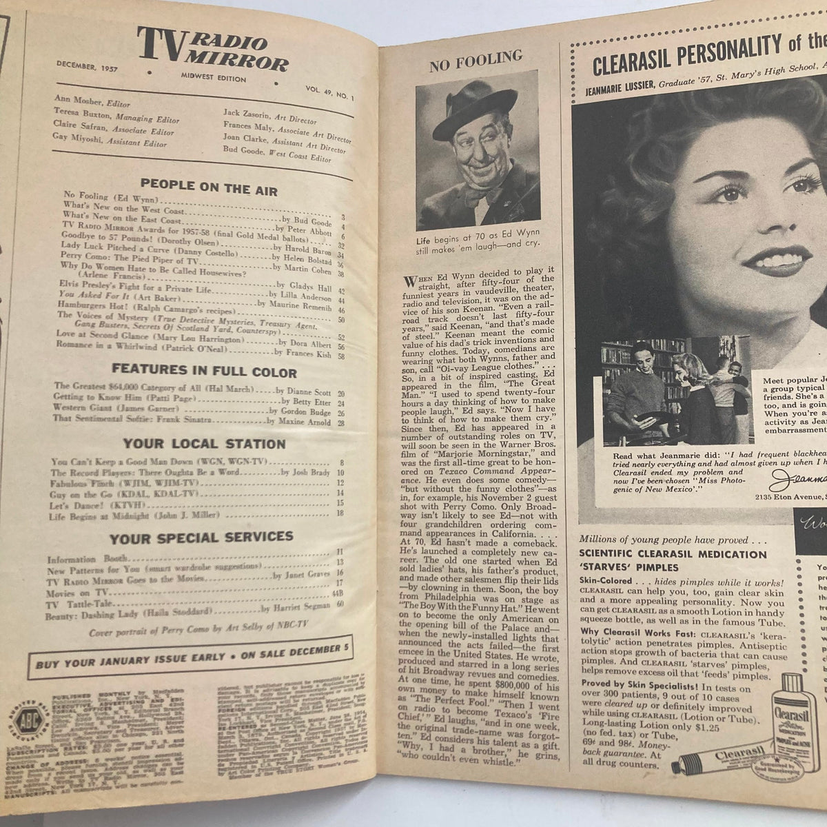 Interior page of the VTG TV Radio Mirror Magazine December 1957, Vol 49 No. 1, showcasing articles and advertisements from the late 1950s, featuring Perry Como.